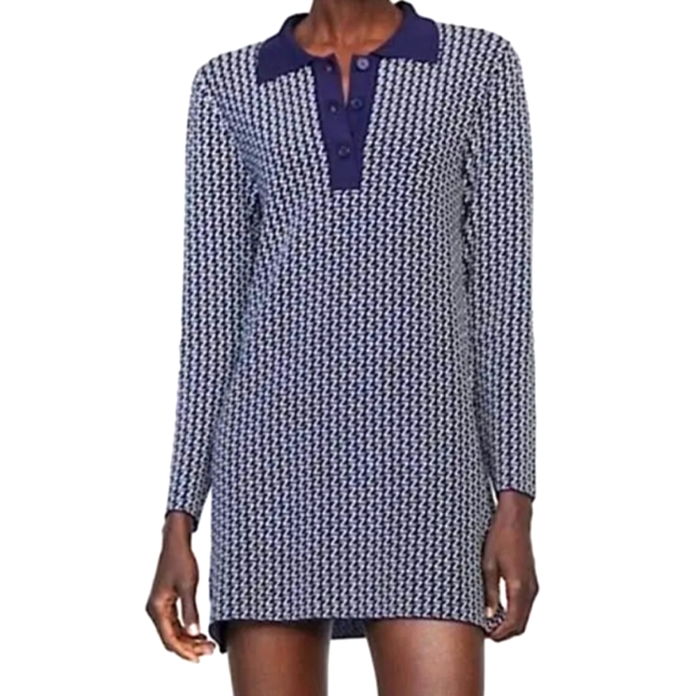 Zara All Over Logo Print Collar Mini Dress Blue Longsleeve Knit Sweater Medium